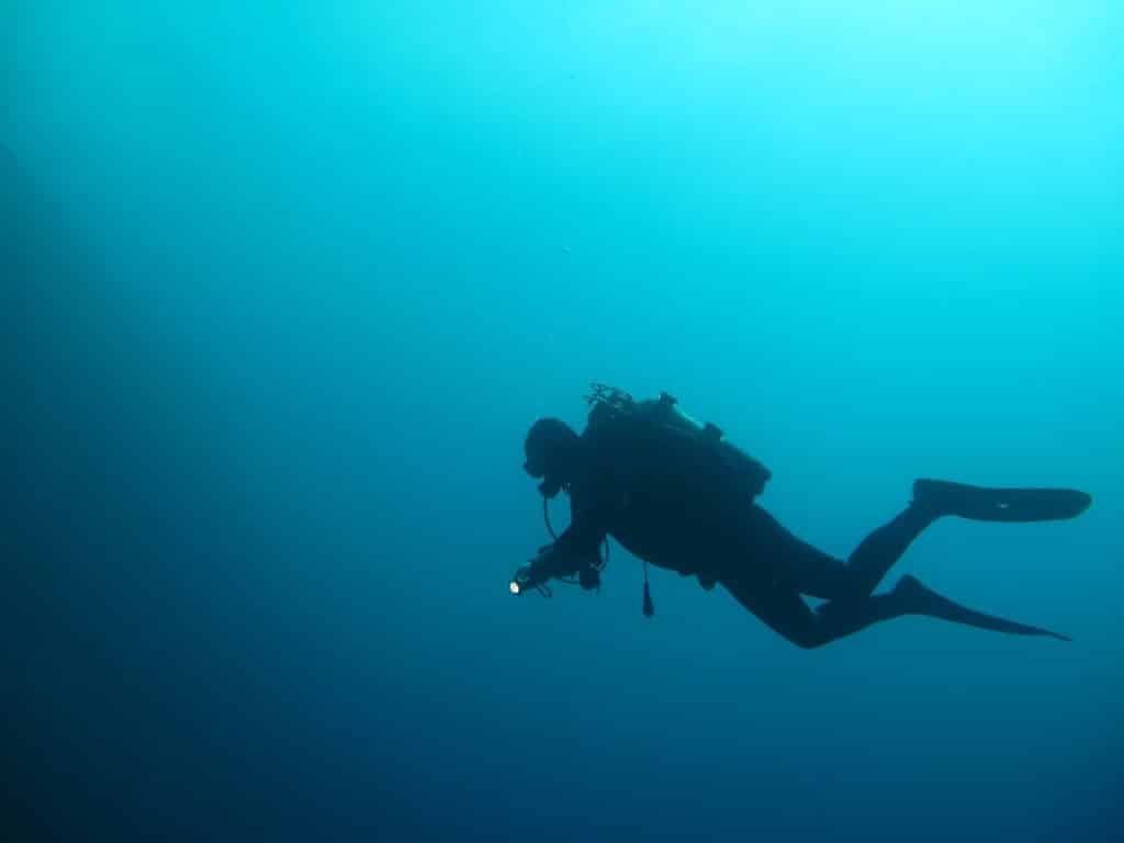Communication en plongée : un plongeur illumine les fonds marins avec sa lampe