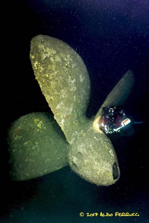 Un plongeur devant l'hélice d'une énorme épave