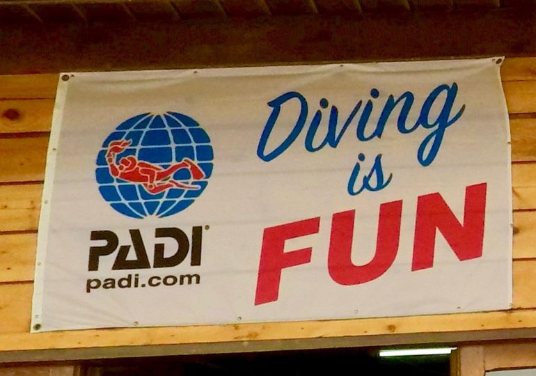 Un drapeau avec le logo de PADI et l'inscription "DIVING IS FUN"