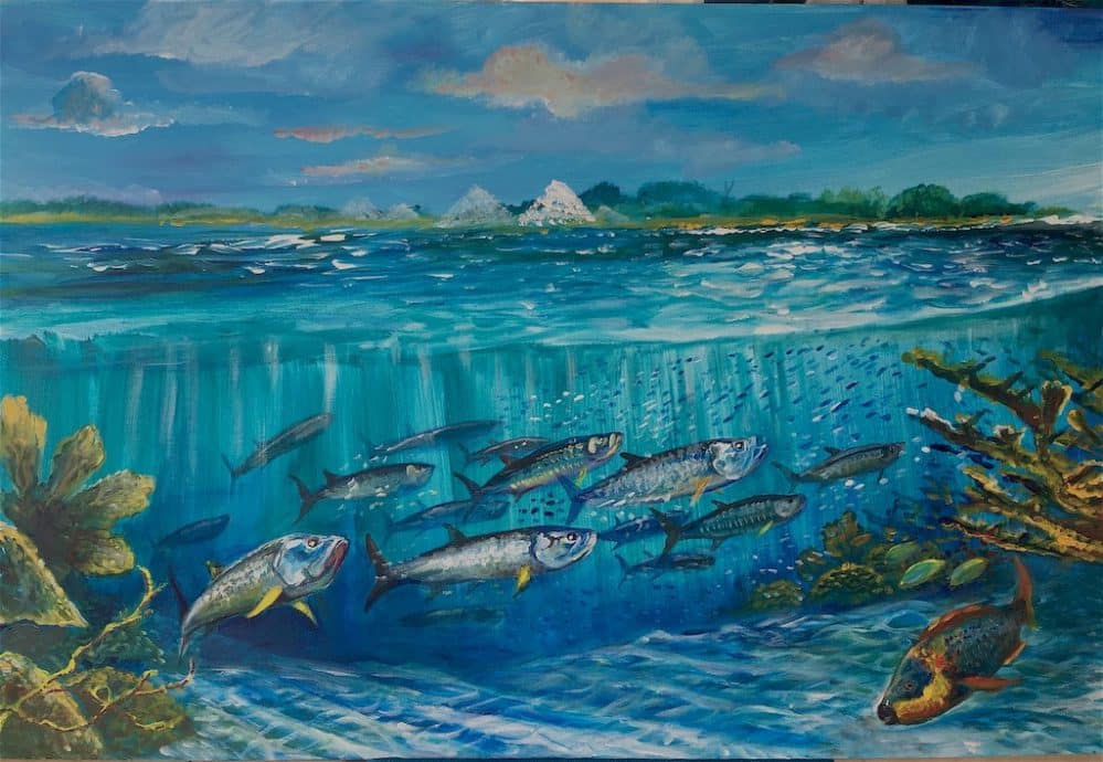 Un tableau de Dominique Sérafini représentant les fonds marins de Bonaire.