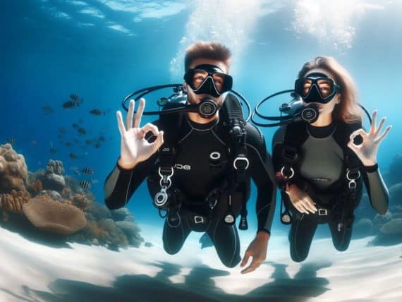 Prendre soin de son état d'esprit permet de rendre les plongées plus agréables comme pour ces deux plongeurs dans une mer chaude.