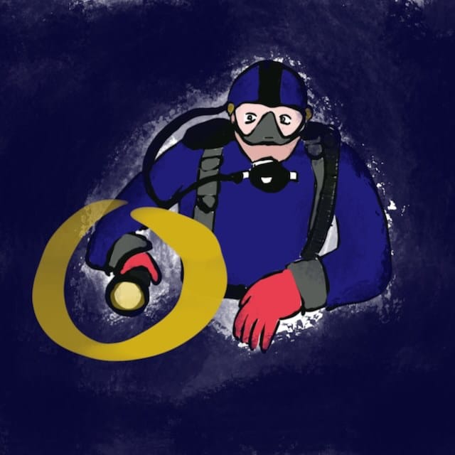 Dessin d'un plongeur effectuant le signe OK avec sa lampe