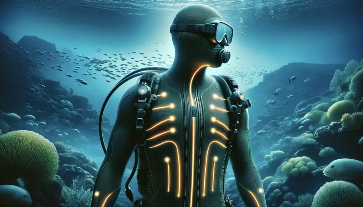 Une image d'un plongeur avec une sous combinaison chauffante de plongée futuriste.