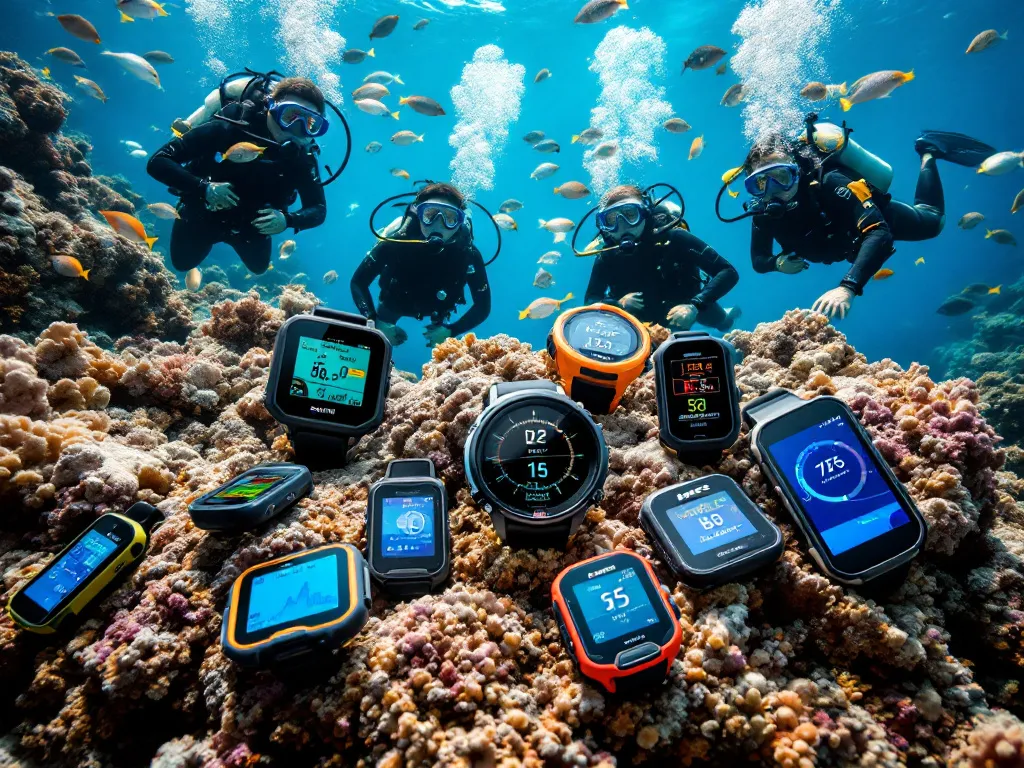 Des ordinateurs de plongée posés dans le fond de la mer.