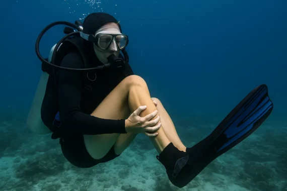 Une femme à une crampe en plongée