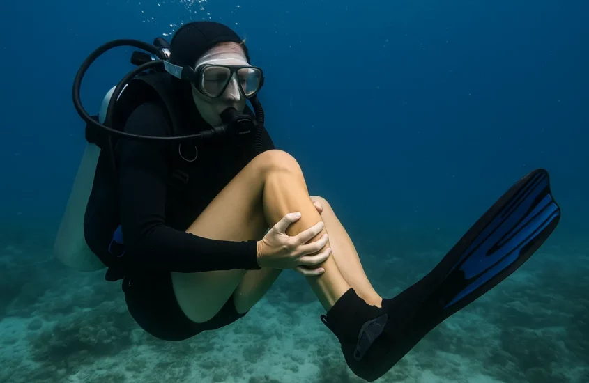 Une femme à une crampe en plongée